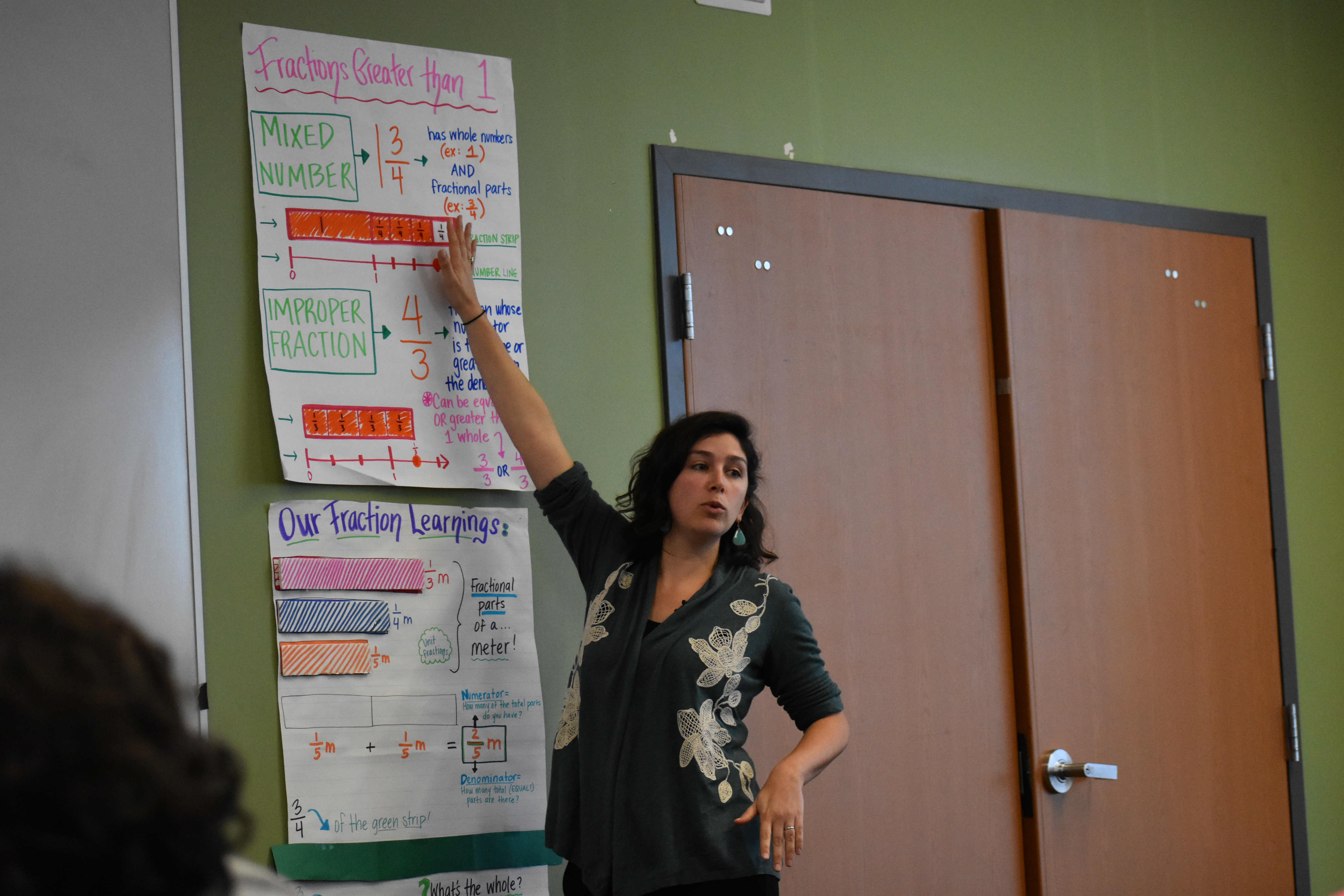Teacher referencing chart paper while speaking in front of colleagues out of the frame